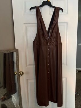 Brown Faux Leather Button-Front Midi Dress